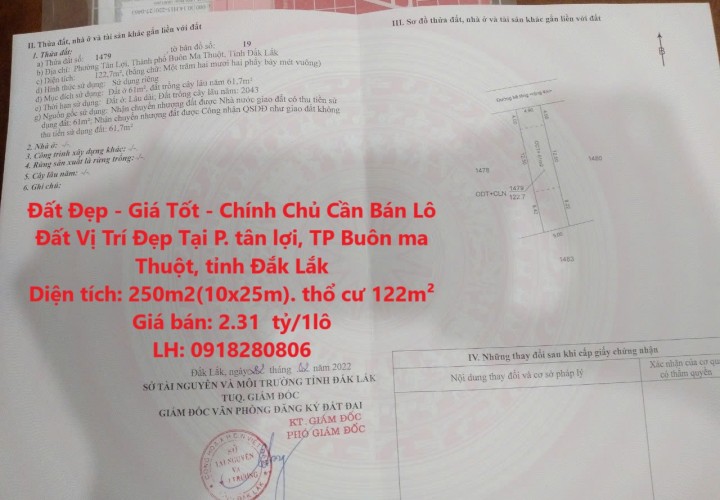 Đất Đẹp - Giá Tốt - Chính Chủ Cần Bán Lô Đất Vị Trí Đẹp Tại P. tân lợi, TP Buôn ma Thuột, tỉnh Đắk Lắk