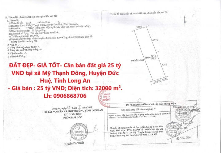 ĐẤT ĐẸP- GIÁ TỐT- Cần bán đất giá 25 tỷ VND tại xã Mỹ Thạnh Đông, Huyện Đức Huệ, Tỉnh Long An