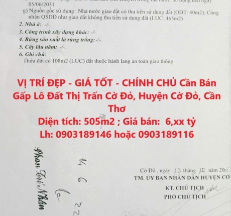 VỊ TRÍ ĐẸP - GIÁ TỐT - CHÍNH CHỦ Cần Bán Gấp Lô Đất Thị Trấn Cờ Đỏ, Huyện Cờ Đỏ, Cần Thơ