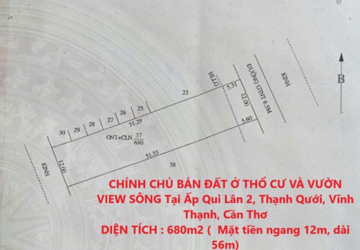 CHÍNH CHỦ BÁN ĐẤT Ở THỔ CƯ VÀ VƯỜN VIEW SÔNG Tại Ấp Qui Lân 2, Thạnh Qưới, Vĩnh Thạnh, Cần Thơ