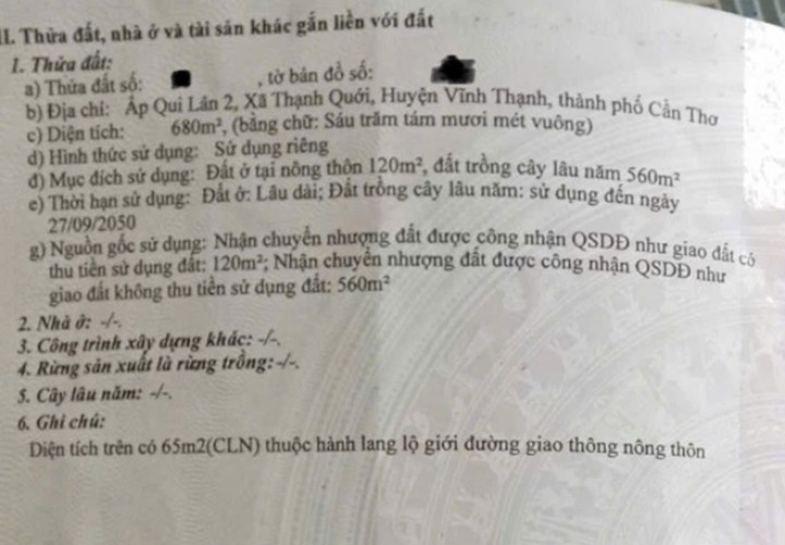 CHÍNH CHỦ BÁN ĐẤT Ở THỔ CƯ VÀ VƯỜN VIEW SÔNG Tại Ấp Qui Lân 2, Thạnh Qưới, Vĩnh Thạnh, Cần Thơ