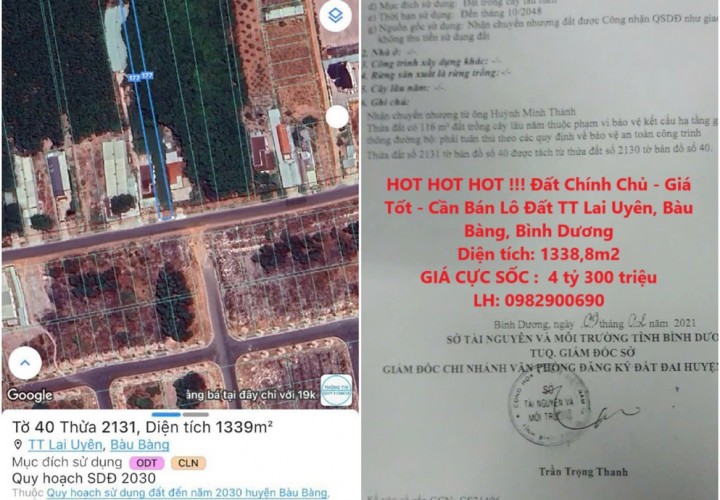 HOT HOT HOT !!! Đất Chính Chủ - Giá Tốt - Cần Bán Lô Đất TT Lai Uyên, Bàu Bàng, Bình Dương