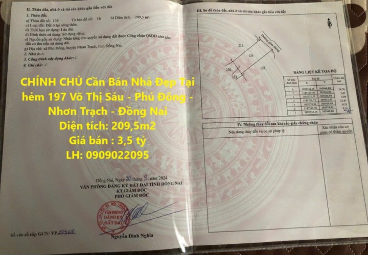 CHÍNH CHỦ Cần Bán Nhà Đẹp Tại hẻm 197 Võ Thị Sáu - Phú Đông - Nhơn Trạch - Đồng Nai