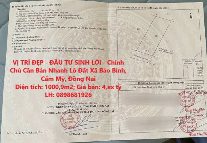 VỊ TRÍ ĐẸP - ĐẦU TƯ SINH LỜI - Chính Chủ Cần Bán Nhanh Lô Đất Xã Bảo Bình, Cẩm Mỹ, Đồng Nai