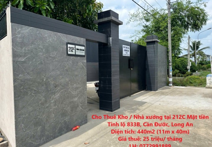 Cho Thuê Kho / Nhà xưởng tại 212C Mặt tiền Tỉnh lộ 833B, Cần Đước, Long An