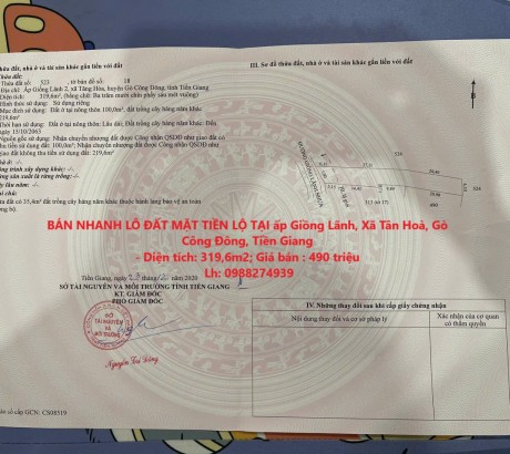 BÁN NHANH LÔ ĐẤT MẶT TIỀN LỘ TẠI ấp Giồng Lãnh, Xã Tân Hoà, Gò Công Đông, Tiền Giang