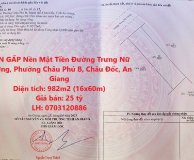 BÁN GẤP Nền Mặt Tiền Đường Trưng Nữ Vương, Phường Châu Phú B, Châu Đốc, An Giang