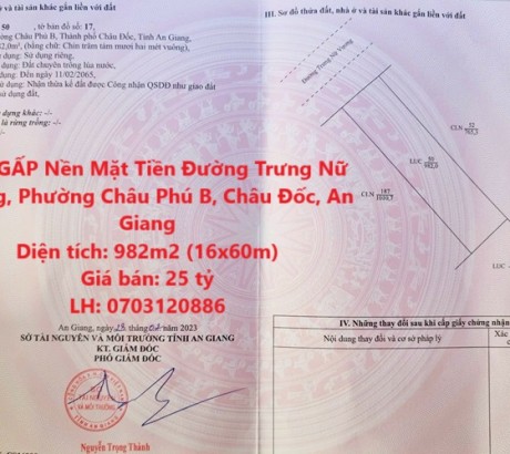 BÁN GẤP Nền Mặt Tiền Đường Trưng Nữ Vương, Phường Châu Phú B, Châu Đốc, An Giang