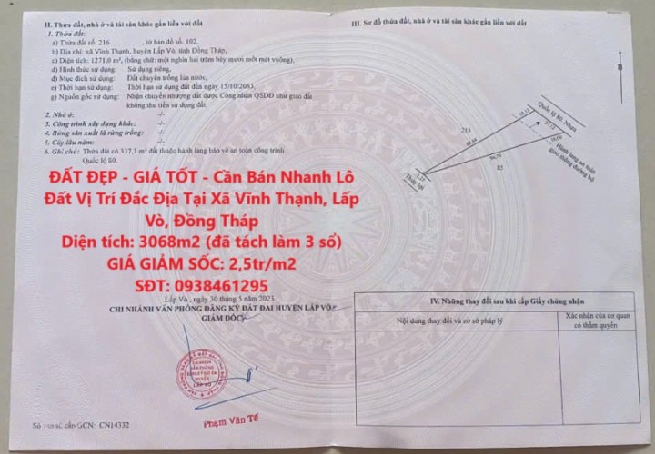 ĐẤT ĐẸP - GIÁ TỐT - Cần Bán Nhanh Lô Đất Vị Trí Đắc Địa Tại Xã Vĩnh Thạnh, Lấp Vò, Đồng Tháp