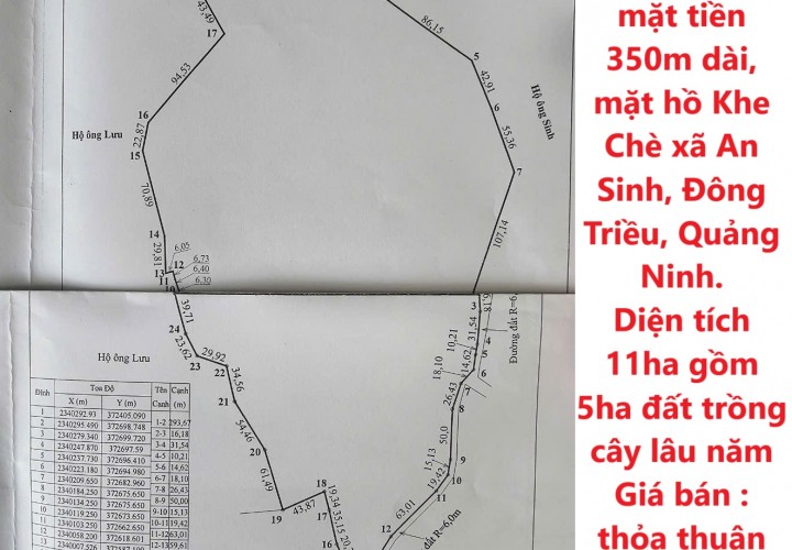 Chính chủ bán lô đất mặt tiền 350m dài, mặt hồ Khe Chè xã An Sinh, Đông Triều, Quảng Ninh.