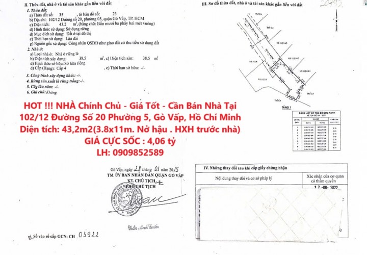 HOT !!! NHÀ Chính Chủ - Giá Tốt - Cần Bán Nhà Tại Phường 5, Gò Vấp, Hồ Chí Minh