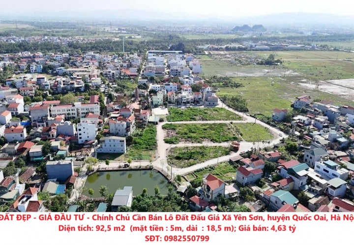 ĐẤT ĐẸP - GIÁ ĐẦU TƯ - Chính Chủ Cần Bán Lô Đất Đấu Giá Xã Yên Sơn, huyện Quốc Oai, Hà Nội