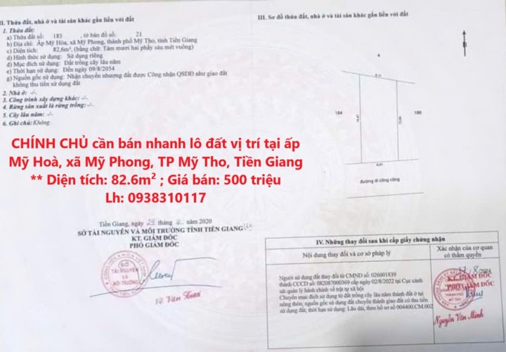 CHÍNH CHỦ cần bán nhanh lô đất vị trí tại ấp Mỹ Hoà, xã Mỹ Phong, TP Mỹ Tho, Tiền Giang