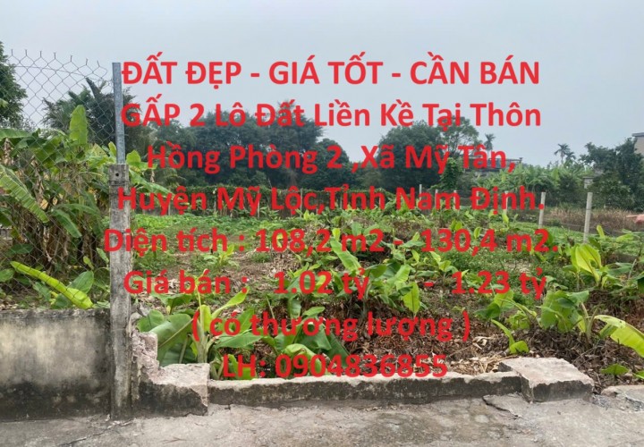 ĐẤT ĐẸP - GIÁ TỐT - CẦN BÁN GẤP 2 Lô Đất Liền Kề Tại Mỹ Lộc,Nam Định.