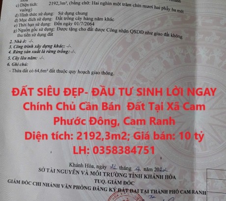 ĐẤT SIÊU ĐẸP- ĐẦU TƯ SINH LỜI NGAY Chính Chủ Cần Bán Đất Tại Xã Cam Phước Đông, Cam Ranh