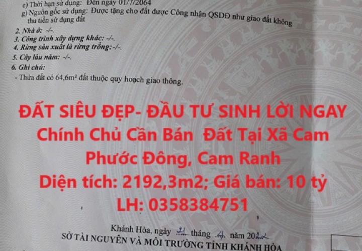 ĐẤT SIÊU ĐẸP- ĐẦU TƯ SINH LỜI NGAY Chính Chủ Cần Bán  Đất Tại Xã Cam Phước Đông, Cam Ranh