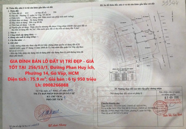 GIA ĐÌNH BÁN LÔ ĐẤT VỊ TRÍ ĐẸP - GIÁ TỐT TẠI  256/53/1, Đường Phan Huy Ích, Phường 14, Gò Vấp, HCM