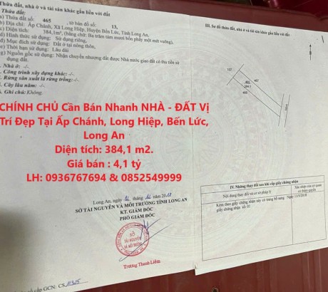 CHÍNH CHỦ Cần Bán Nhanh NHÀ - ĐẤT Vị Trí Đẹp Tại Ấp Chánh, Long Hiệp, Bến Lức, Long An