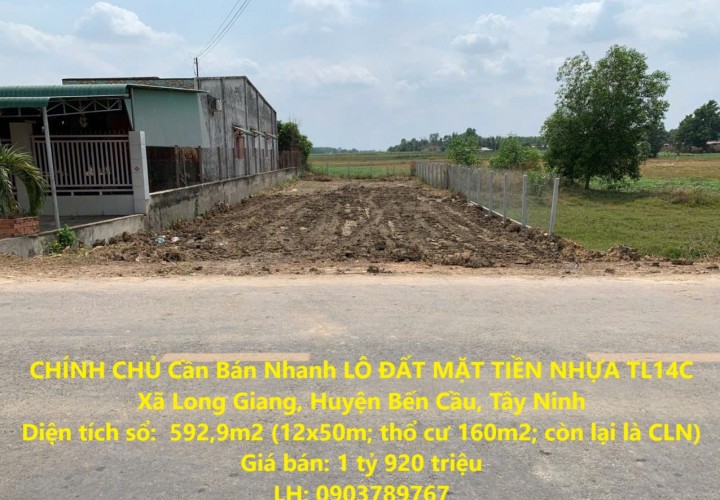 CHÍNH CHỦ Cần Bán Nhanh LÔ ĐẤT MẶT TIỀN NHỰA TL14C Xã Long Giang, Huyện Bến Cầu, Tây Ninh