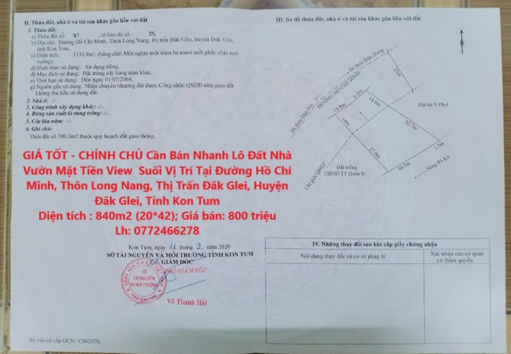 GIÁ TỐT - CHÍNH CHỦ Cần Bán Nhanh Lô Đất Nhà Vườn Mặt Tiền View  Suối Vị Trí Tại Tỉnh Kon Tum