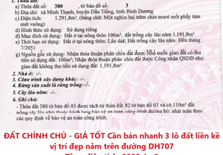 ĐẤT CHÍNH CHỦ - GIÁ TỐT Cần bán nhanh 3 lô đất liền kề vị trí đẹp nằm trên đường DH707