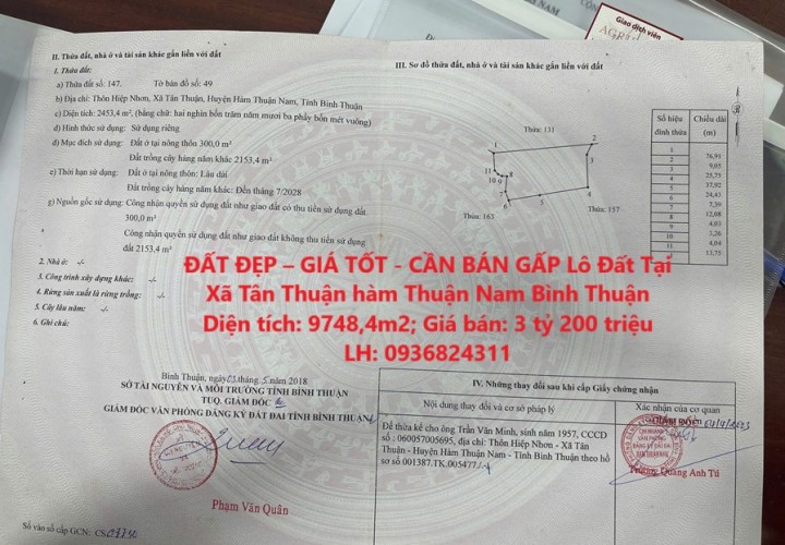 ĐẤT ĐẸP – GIÁ TỐT - CẦN BÁN GẤP Lô Đất Tại Xã Tân Thuận hàm Thuận Nam Bình Thuận