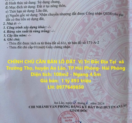 CHÍNH CHỦ CẦN BÁN LÔ ĐẤT Vị Trí Đắc Địa Tại xã Trường Thọ, huyện An Lão, TP Hải Phòng- Hải Phòng