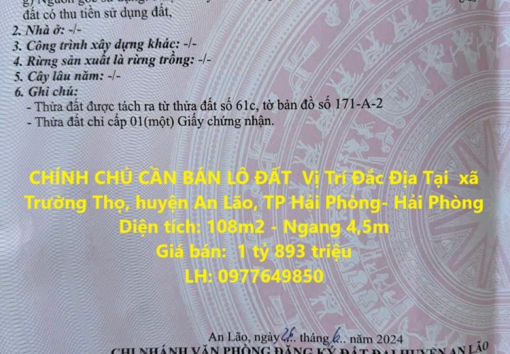 CHÍNH CHỦ CẦN BÁN LÔ ĐẤT  Vị Trí Đắc Địa Tại  xã Trường Thọ, huyện An Lão, TP Hải Phòng- Hải Phòng