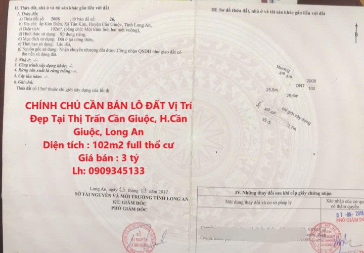 CHÍNH CHỦ CẦN BÁN LÔ ĐẤT Vị Trí Đẹp Tại Thị Trấn Cần Giuộc, H.Cần Giuộc, Long An
