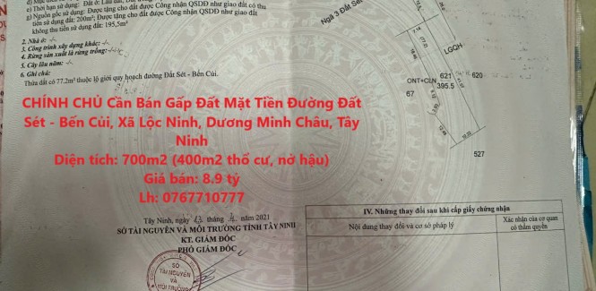 CHÍNH CHỦ Cần Bán Gấp Đất Mặt Tiền Đường Đất Sét - Bến Củi, Xã Lộc Ninh, Dương Minh Châu, Tây Ninh