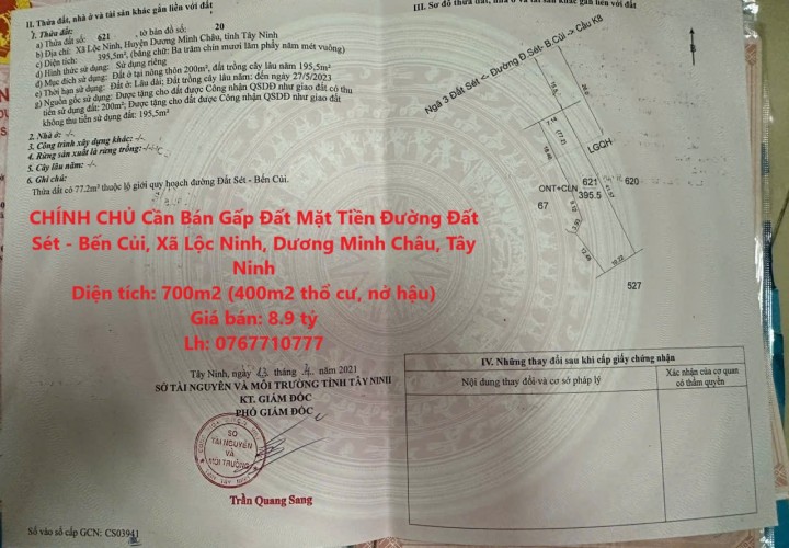 CHÍNH CHỦ Cần Bán Gấp Đất Mặt Tiền Đường Đất Sét - Bến Củi, Xã Lộc Ninh, Dương Minh Châu, Tây Ninh