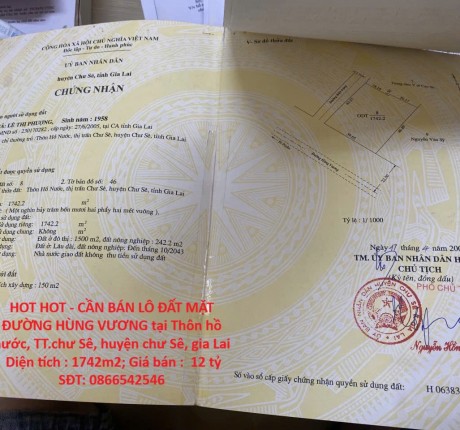 HOT HOT - CẦN BÁN LÔ ĐẤT MẶT ĐƯỜNG HÙNG VƯƠNG tại Thôn hồ nước, TT.chư Sê, huyện chư Sê, gia Lai