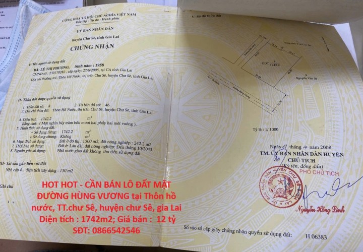 HOT HOT - CẦN BÁN LÔ ĐẤT MẶT ĐƯỜNG HÙNG VƯƠNG tại Thôn hồ nước, TT.chư Sê, huyện chư Sê, gia Lai