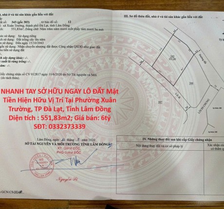 NHANH TAY SỞ HỮU NGAY LÔ ĐẤT Mặt Tiền Hiện Hữu Vị Trí Tại TP Đà Lạt, Tỉnh Lâm Đồng