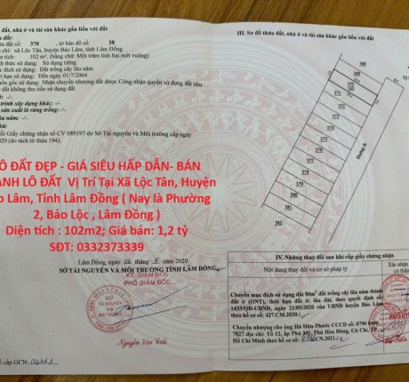 LÔ ĐẤT ĐẸP - GIÁ SIÊU HẤP DẪN- BÁN NHANH LÔ ĐẤT Vị Trí Tại Phường 2, TP Bảo Lộc, Tỉnh Lâm Đồng