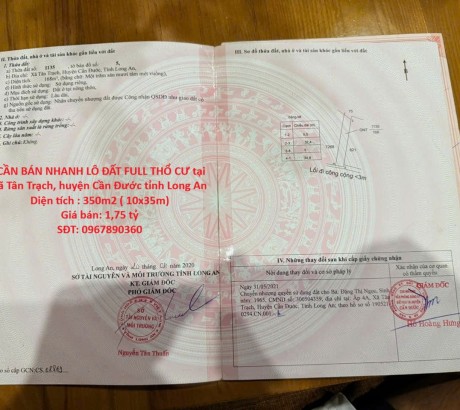 LÔ ĐẤT VỊ TRÍ ĐẸP- GIÁ TỐT CHÍNH CHỦ CẦN BÁN NHANH LÔ ĐẤT FULL THỔ CƯ tại huyện Cần Đước tỉnh Long An