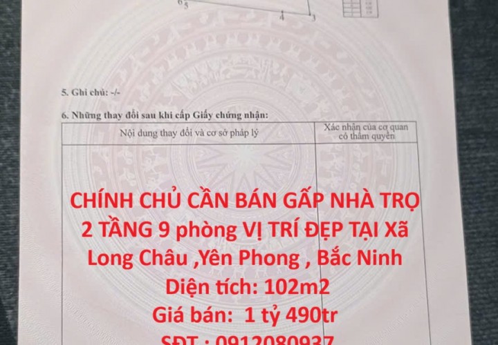 CHÍNH CHỦ CẦN BÁN GẤP NHÀ TRỌ 2 TẦNG 9 phòng VỊ TRÍ ĐẸP TẠI Xã Long Châu ,Yên Phong , Bắc Ninh