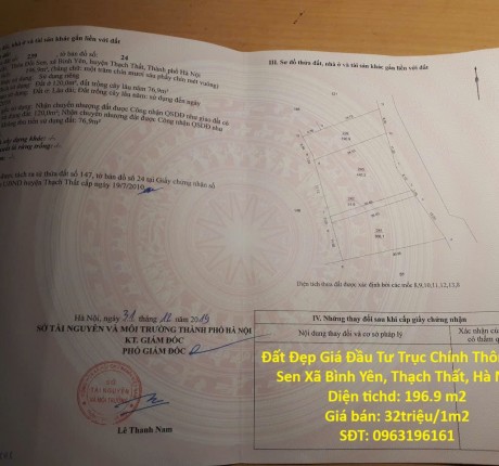 Đất Đẹp Giá Đầu Tư Trục Chính Thôn Đồi Sen Xã Bình Yên, Thạch Thất, Hà Nội