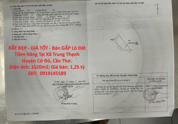 ĐẤT ĐẸP - GIÁ TỐT - Bán GẤP Lô Đất Tiềm Năng Tại Xã Trung Thạnh Huyện Cờ Đỏ, Cần Thơ.