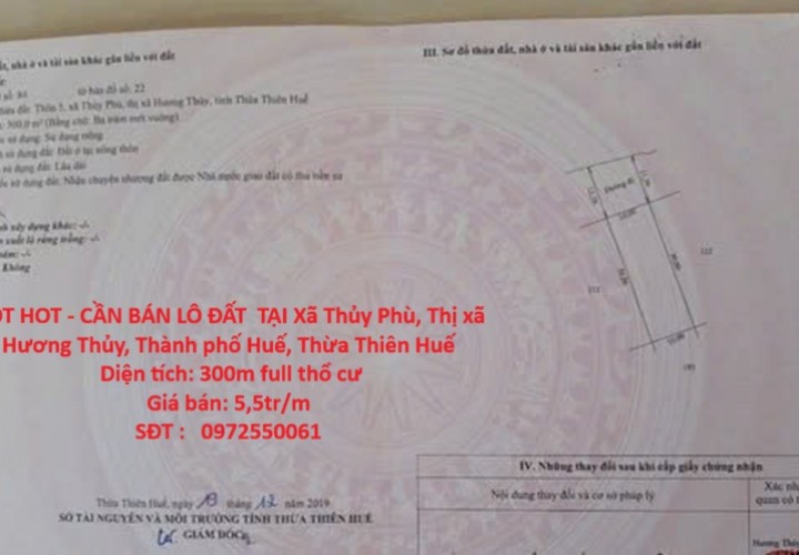 HOT HOT - CẦN BÁN LÔ ĐẤT  TẠI Xã Thủy Phù, Thị xã Hương Thủy, Thành phố Huế, Thừa Thiên Huế
