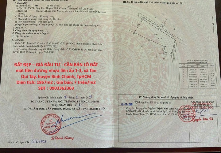 ĐẤT ĐẸP – GIÁ ĐẦU TƯ - CẦN BÁN LÔ ĐẤT  mặt tiền đường nhựa liên ấp 1-3, xã Tân Quí Tây, huyện Bình Chánh, TpHCM