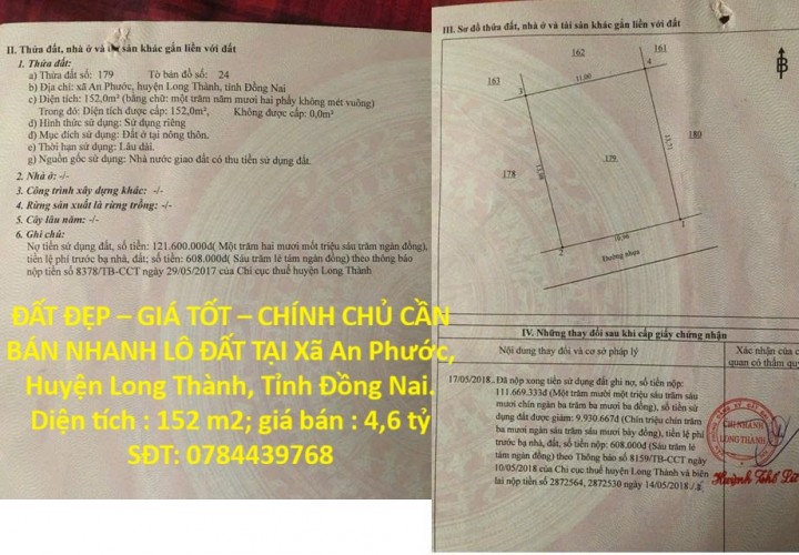 ĐẤT ĐẸP – GIÁ TỐT – CHÍNH CHỦ CẦN BÁN NHANH LÔ ĐẤT TẠI Xã An Phước, Huyện Long Thành, Tỉnh Đồng Nai.
