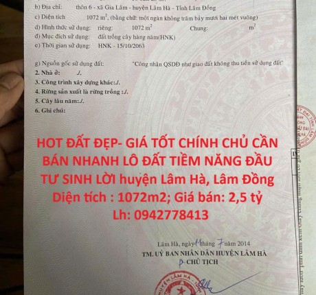 HOT ĐẤT ĐẸP- GIÁ TỐT CHÍNH CHỦ CẦN BÁN NHANH LÔ ĐẤT TIỀM NĂNG ĐẦU TƯ SINH LỜI huyện Lâm Hà, Lâm Đồng
