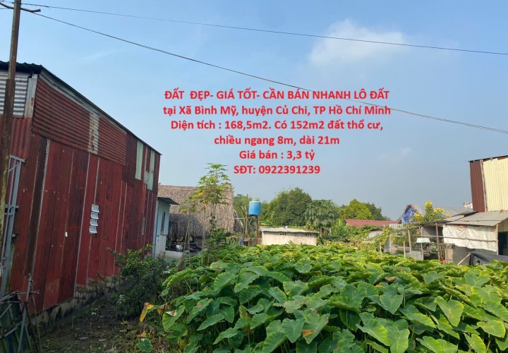 ĐẤT  ĐẸP- GIÁ TỐT- CẦN BÁN NHANH LÔ ĐẤT tại Xã Bình Mỹ, huyện Củ Chi