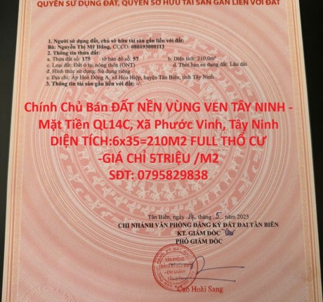 Chính Chủ Bán ĐẤT NỀN VÙNG VEN TÂY NINH - Mặt Tiền QL14C, Xã Phước Vinh, Tây Ninh