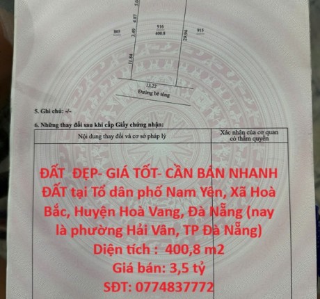 ĐẤT ĐẸP- GIÁ TỐT- CẦN BÁN NHANH ĐẤT tại Xã Hoà Bắc, Hoà Vang, Đà Nẵng