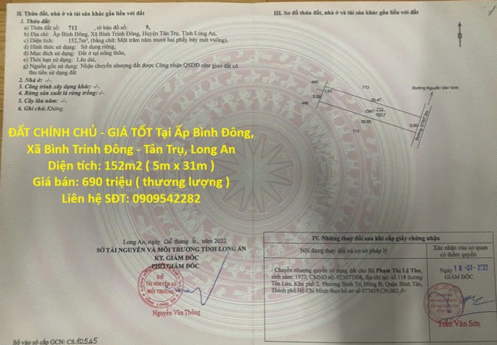 ĐẤT CHÍNH CHỦ - GIÁ TỐT Tại Ấp Bình Đông, Xã Bình Trinh Đông - Tân Trụ, Long An