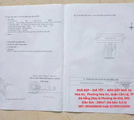 NHÀ ĐẸP – GIÁ TỐT – BÁN GẤP NHÀ Tại Phường Hòa An, Cẩm Lệ, Đà Nẵng
