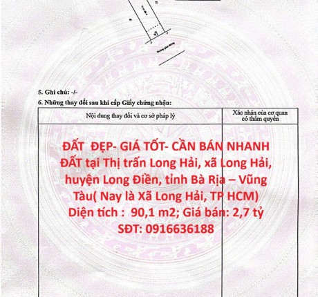 ĐẤT ĐẸP- GIÁ TỐT- CẦN BÁN NHANH ĐẤT tại Xã Long Hải, Long Điền, Bà Rịa VT