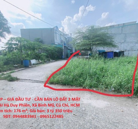 ĐẤT ĐẸP – GIÁ ĐẦU TƯ - CẦN BÁN LÔ ĐẤT 2 MẶT TIỀN TẠI Hà Duy Phiên, Xã Bình Mỹ, Củ Chi, HCM